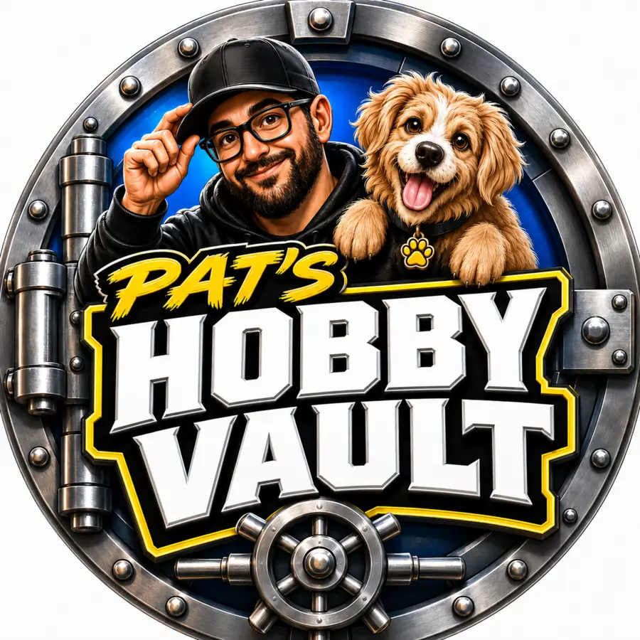 Pat's Hobby Vault logo: Pat and his dog at a vault door